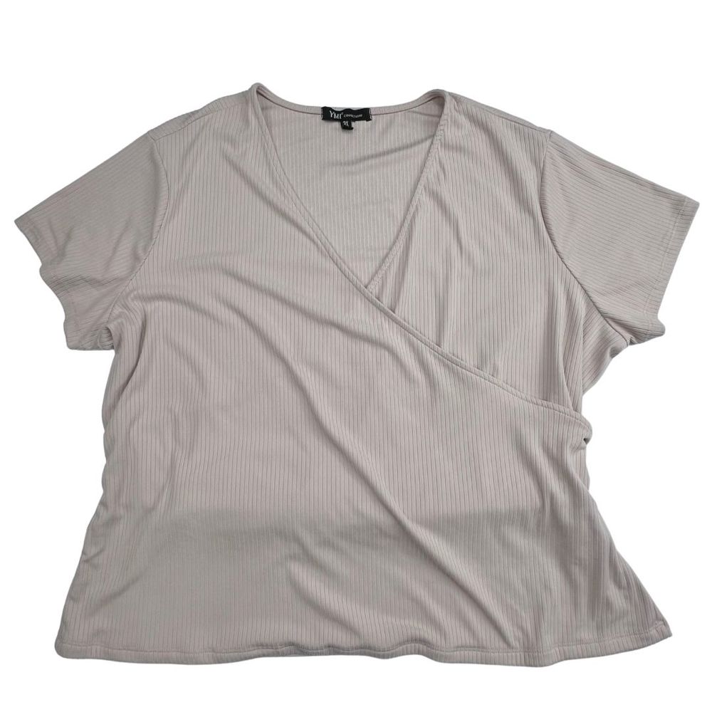 YMI Faux Wrap Womens 3X Neutral Tan Ribbed Texture Tie Back Casual Stretchy Top